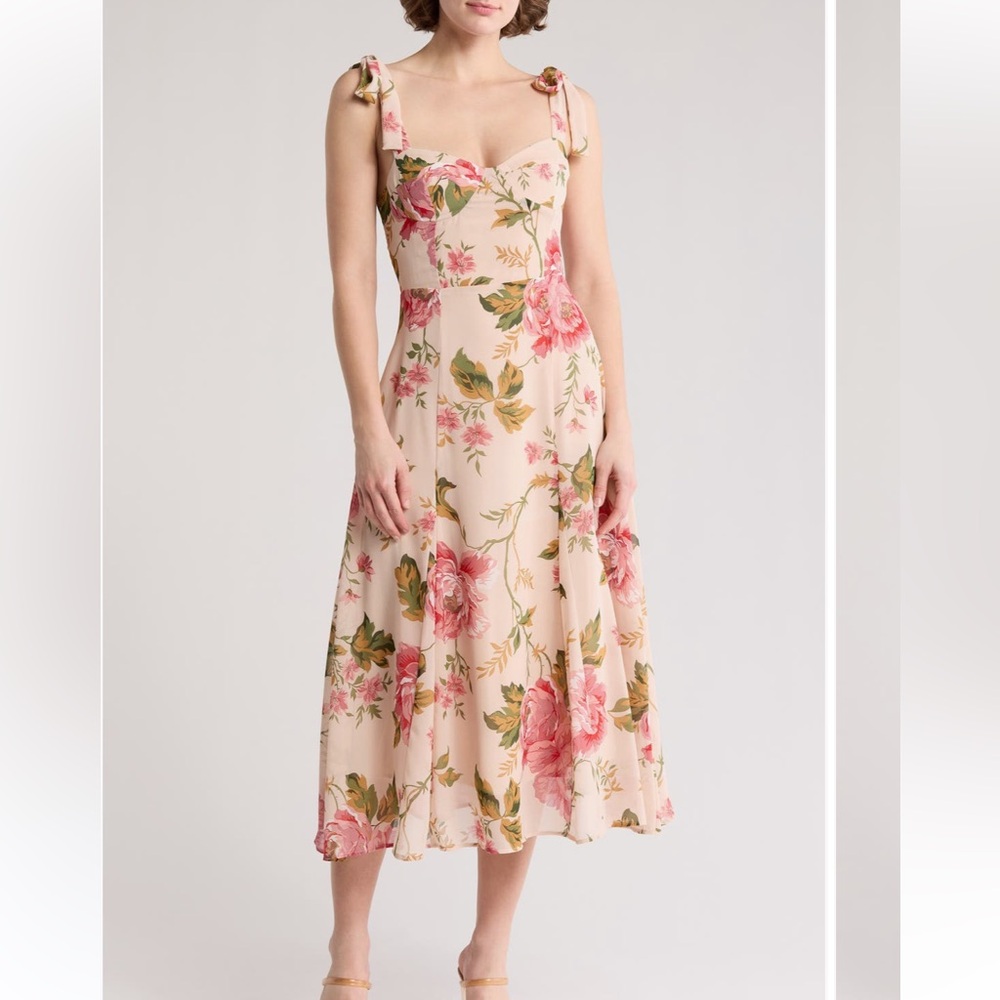 Lush pink Floral Tie-Shoulder midi Dress - Picture 1 of 4